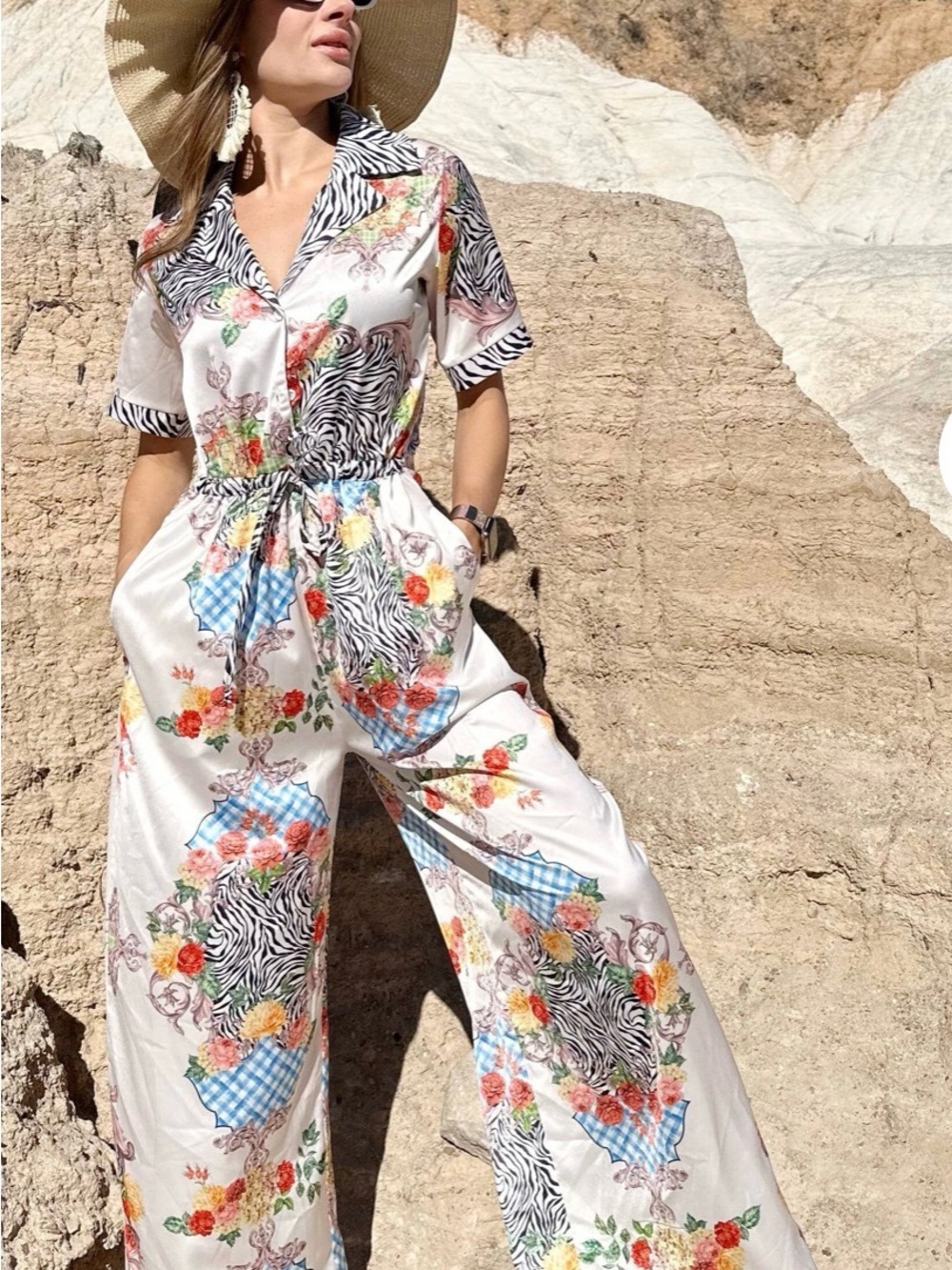 Floral & Zebra Print Wrap Dress in White
